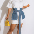 Western Crew Neck Belt Dress, Casual Loose Short Sleeve Denim Stitching Waist Summer Dresses, Women's Clothing