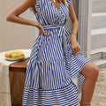 Chic Striped V-Neck A-Line Dress - Women's Elegant Ruffle Sleeve Belted Dresses for Spring & Summer - Flattering, Comfortable, and Versatile Clothing for Ladies