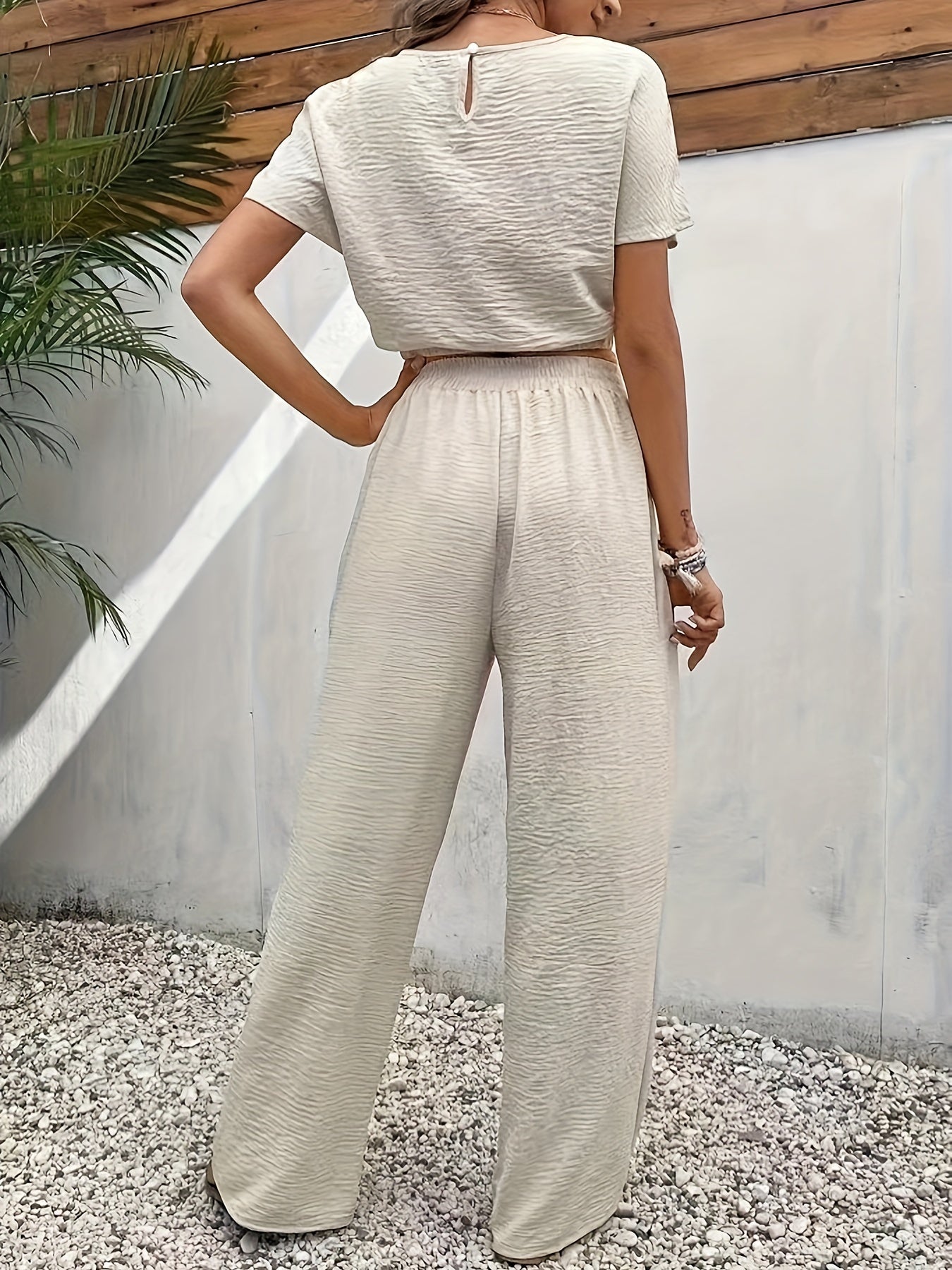 High Waist Wide Leg Straight Pants & Batwing Short Sleeve Keyhole Back Crop Top, Solid Textured Elegant Pants Set Outfits for Women