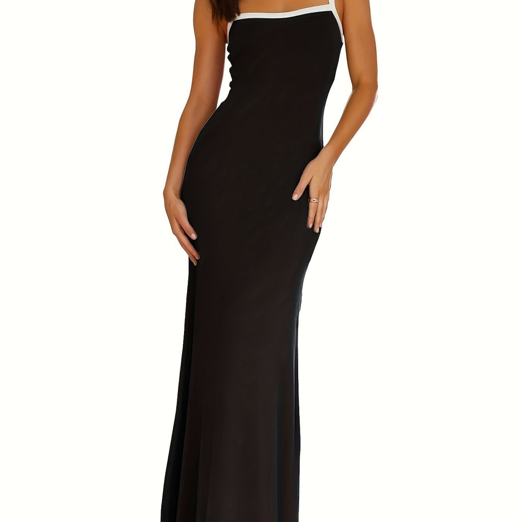 Womens Ribbed Knit Spaghetti Strap Maxi Dress Sexy Summer Dresses 2024 Sleeveless Contrast Beach Party Bodycon Dress