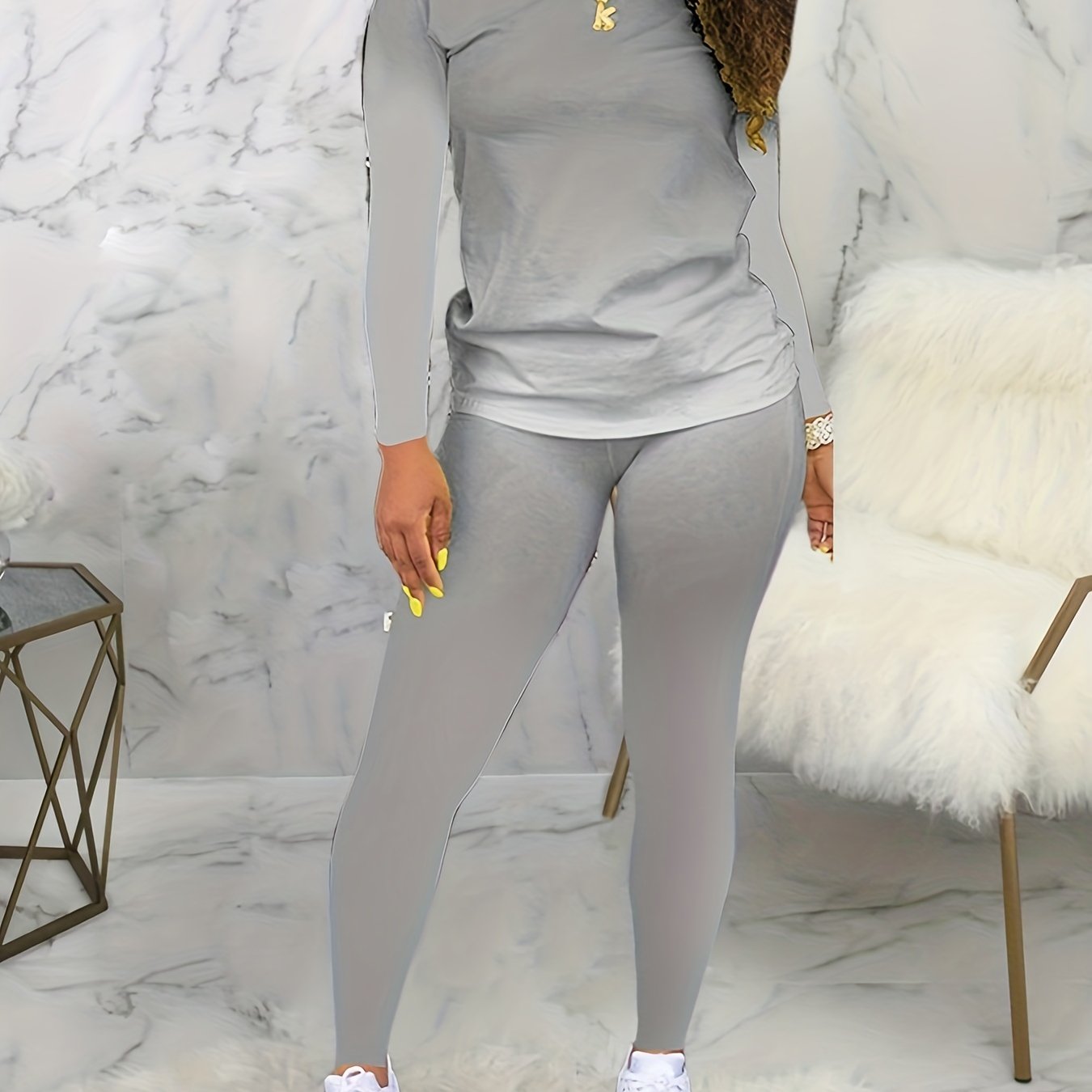 Plus Size Casual Outfits Set, Women's Plus Ombre Print Long Sleeve Round Neck Top & Pants Outfits Two Piece Set