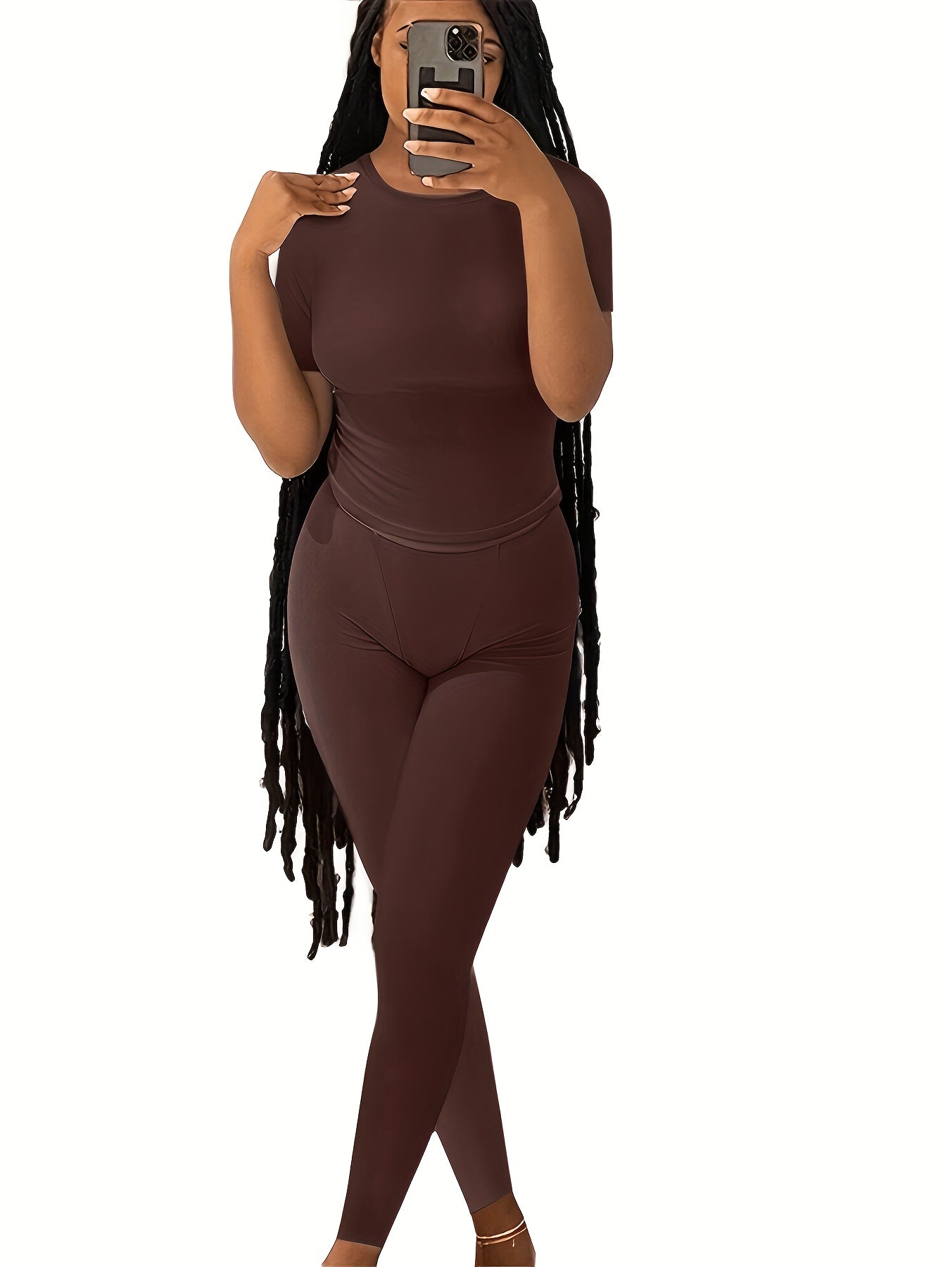Casual Solid Two-piece Set, Crew Neck Short Sleeve Top & Skinny Pants Outfits, Women's Clothing