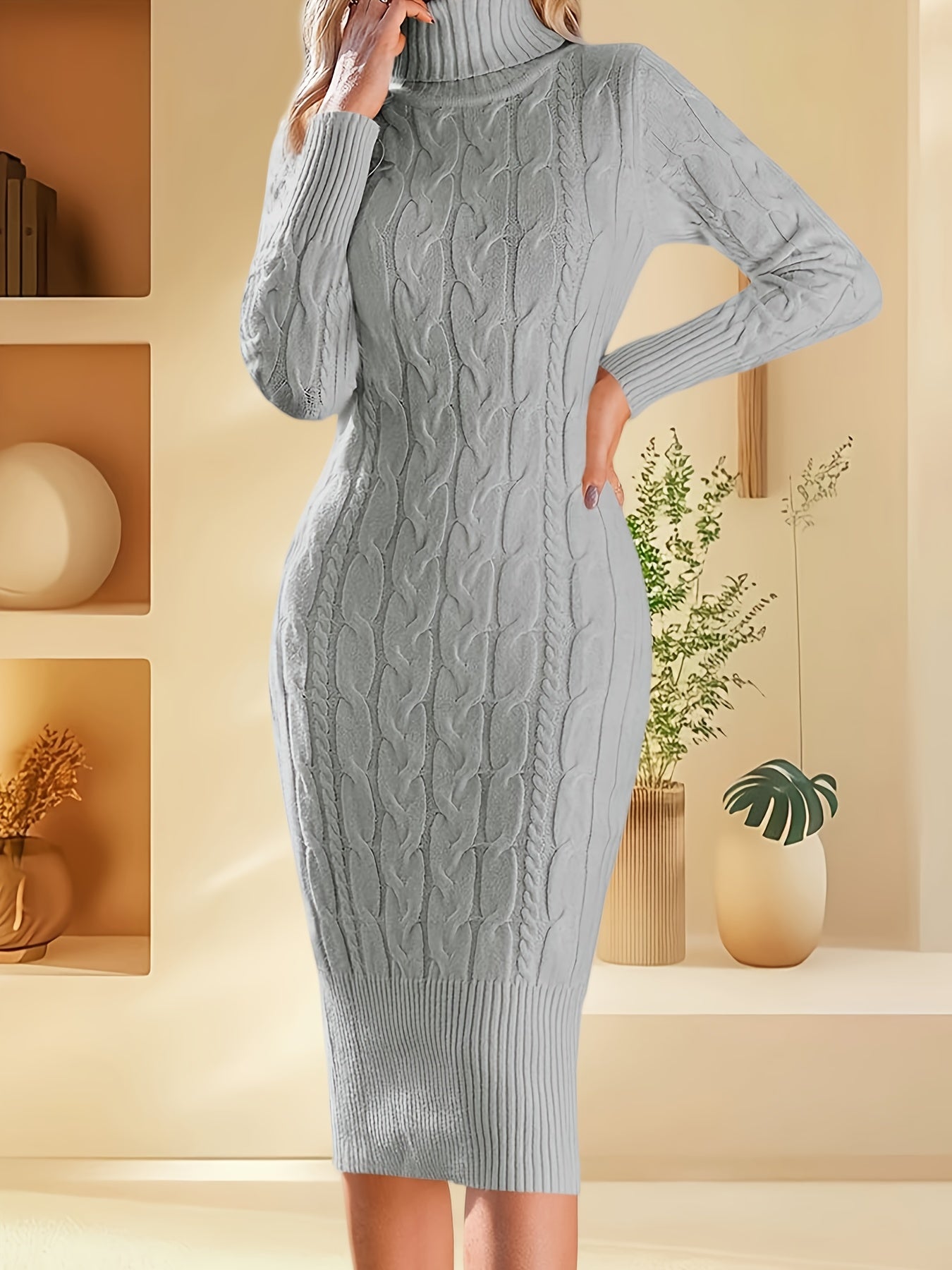 Women's Stretchy Sweater Dress - Long Sleeve Bodycon Midi, Elegant Turtleneck Party to Casual Outfit in Lavender Purple - Machine Washable Fall Winter Dresses for Women