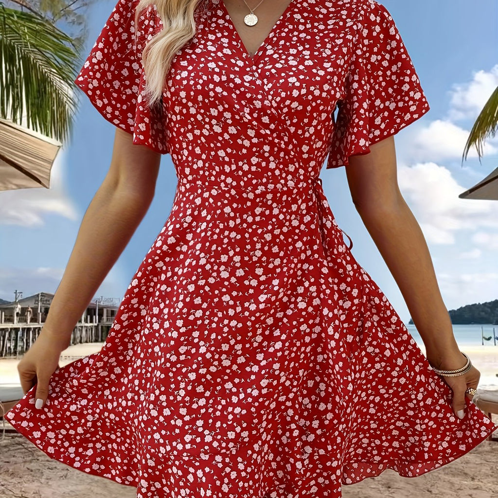 Stunning Floral V-Neck Ruffle Hem Dress - Women's Elegant Short Sleeve Cinched Waist Dresses for Spring & Summer - Perfect for Outdoor Activities, Casual Wear, and Date Nights