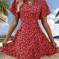 Stunning Floral V-Neck Ruffle Hem Dress - Women's Elegant Short Sleeve Cinched Waist Dresses for Spring & Summer - Perfect for Outdoor Activities, Casual Wear, and Date Nights