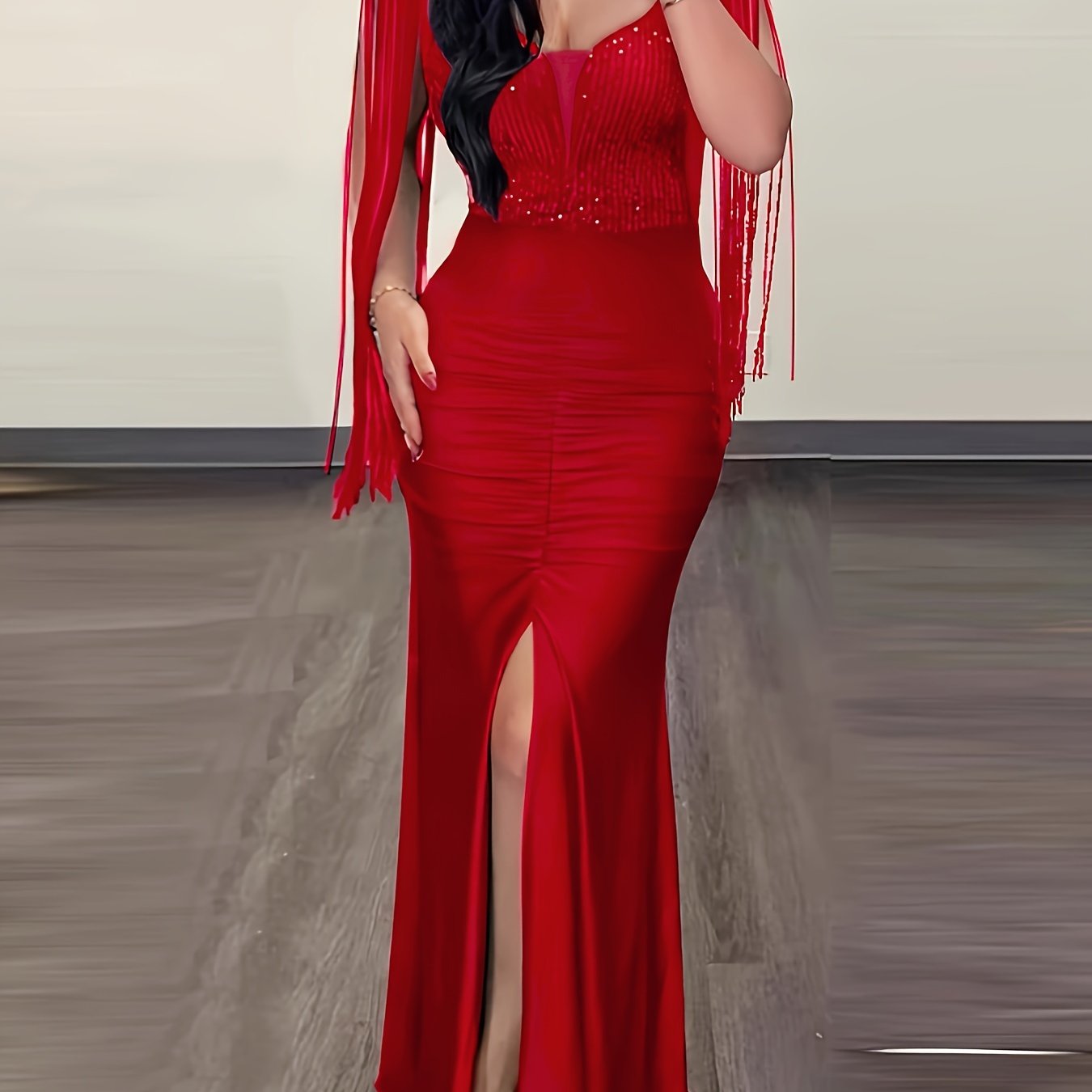 Stunning Solid Tassel Trim Bodycon Dress - Women's Party Dresses with Elegant Cut Out Back Split Thigh Design, Figure-Hugging Silhouette, and Chic Accessories for a Glamorous Night Out