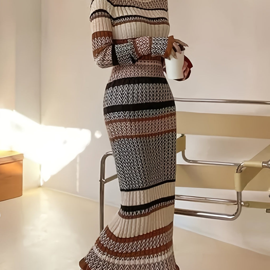 Women's Elegant High-Neck Long Sleeve Slim-Fit Dress - Soft Geometric Striped (Brown/Beige/Black/White) A-Line Winter Dress with Long Sleeves, Tailored Fall Winter Outfits for Casual to Formal Events, Hand Washable, Winter Dr