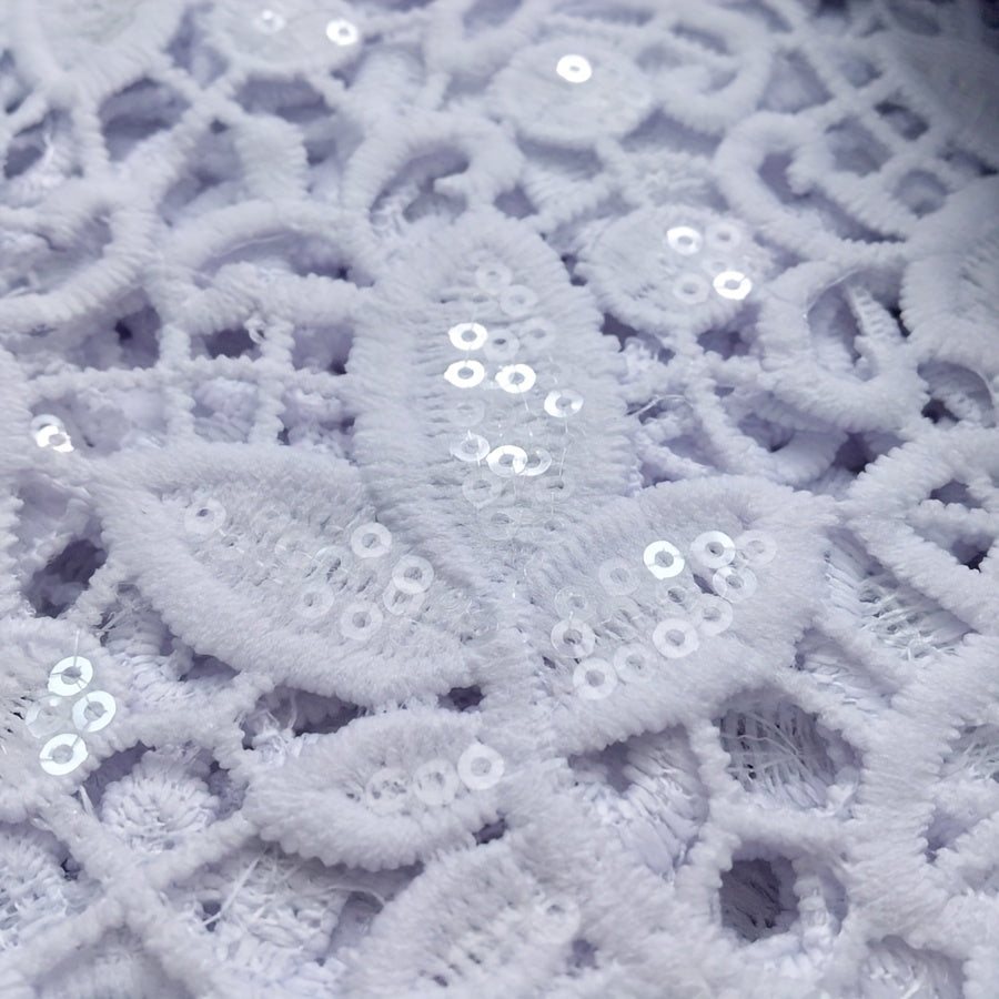 1pc 5 Yards White Guipure Cord Lace Fabric with Sequins - 100% Polyester French Water Soluble Lace, Floral Pattern Precut Fabric for Elegant Women's Dresses, Hand Wash Only, Wedding Attire | Sophisticated Style | Texture