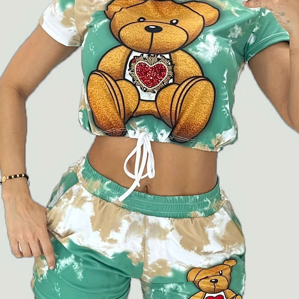 Cartoon Bear Print Two-piece Set, Drawstring Short Sleeve Tee & Elastic Waist Shorts Outfits, Women's Clothing