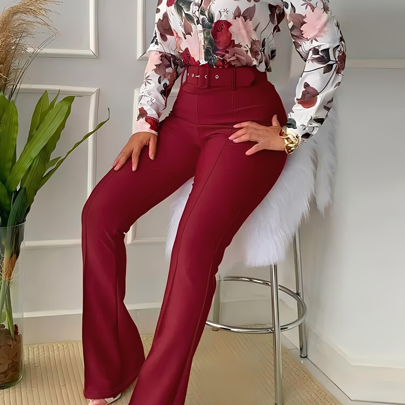 Women'S Casual Floral Print Two-Piece Set - Long Sleeve Blouse with Ruffle Detail, Wide-Leg Pants, and White Heels, All-Season Stylish Outfit, Casual Attire | Floral Print Top | Ruffle Detail Top, Ladies Casual Wear