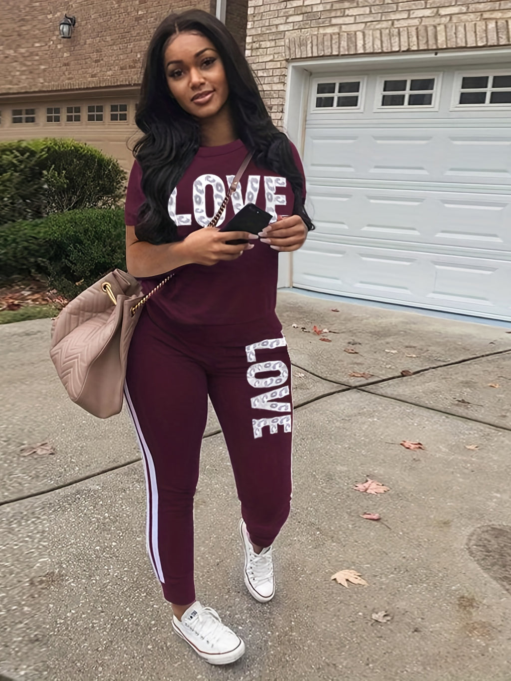 Casual Letter Print Two-piece Set, Short Sleeve T-shirt & Side Striped Pants Outfits - Women's Clothing -  Stylish & Comfortable - For Casual Wear - Perfect Gift for Fashionable Women