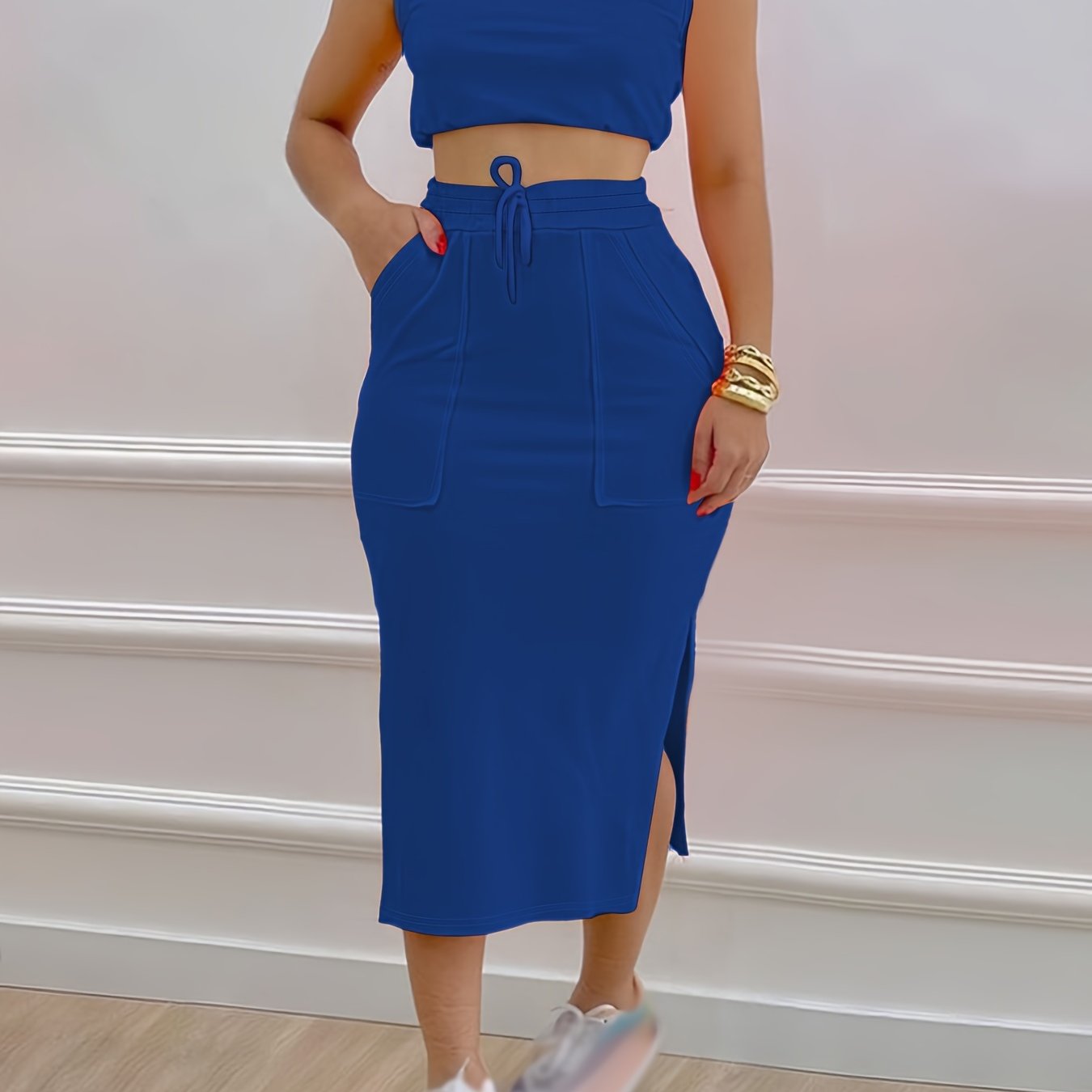 Solid Casual Two-piece Set, Sleeveless Tank Top & Drawstring Split Skirts Outfits, Women's Clothing