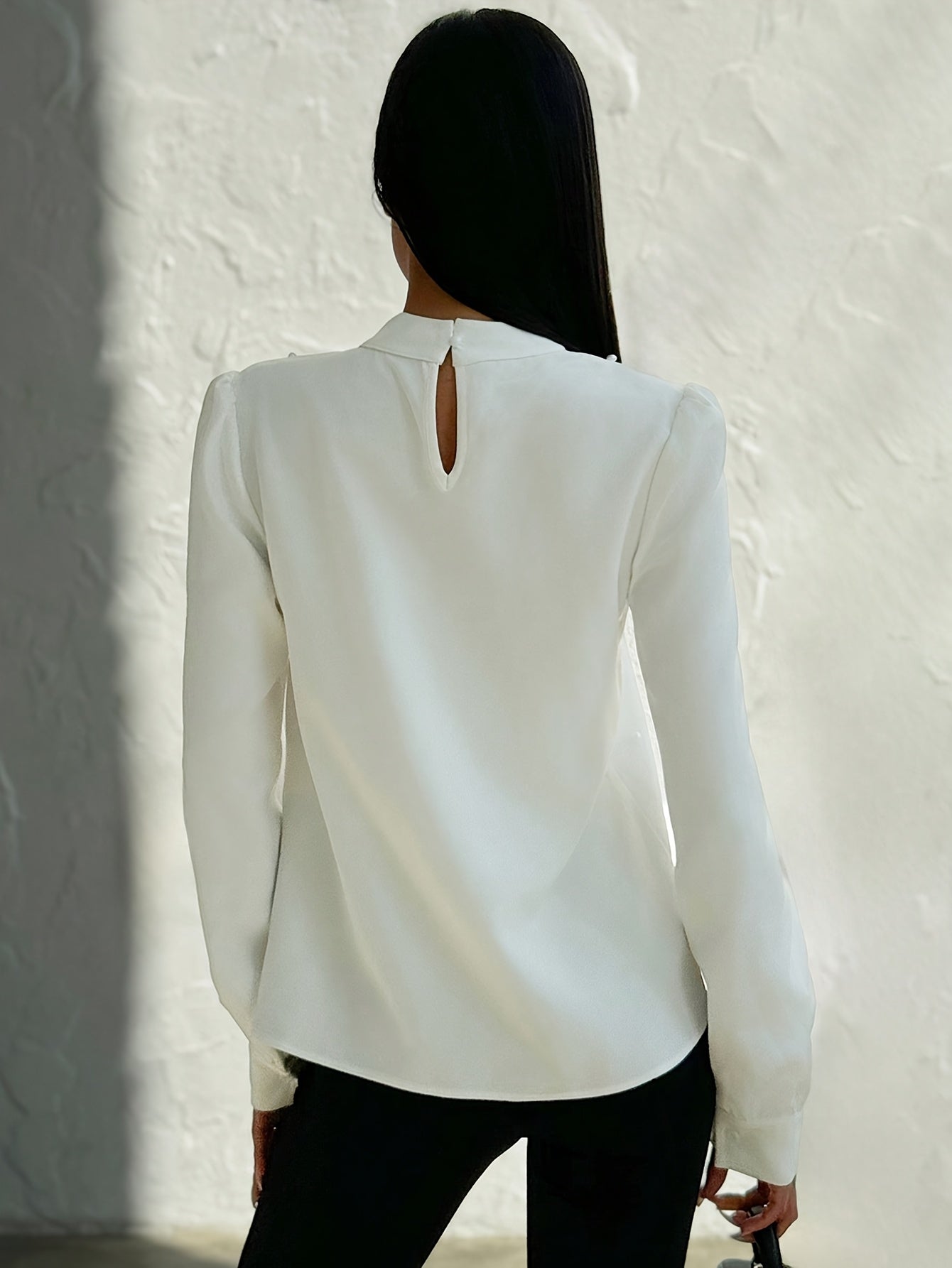 Women's Elegant -Adorned Collar Blouse - Long Sleeve White Shirt with Bead Button Front, Structured Stand Collar & Machine Washable Jacket-like Top for Weddings, Office, Parties (Spring/Fall) - Non-Stretch Adult Clothing, Blo