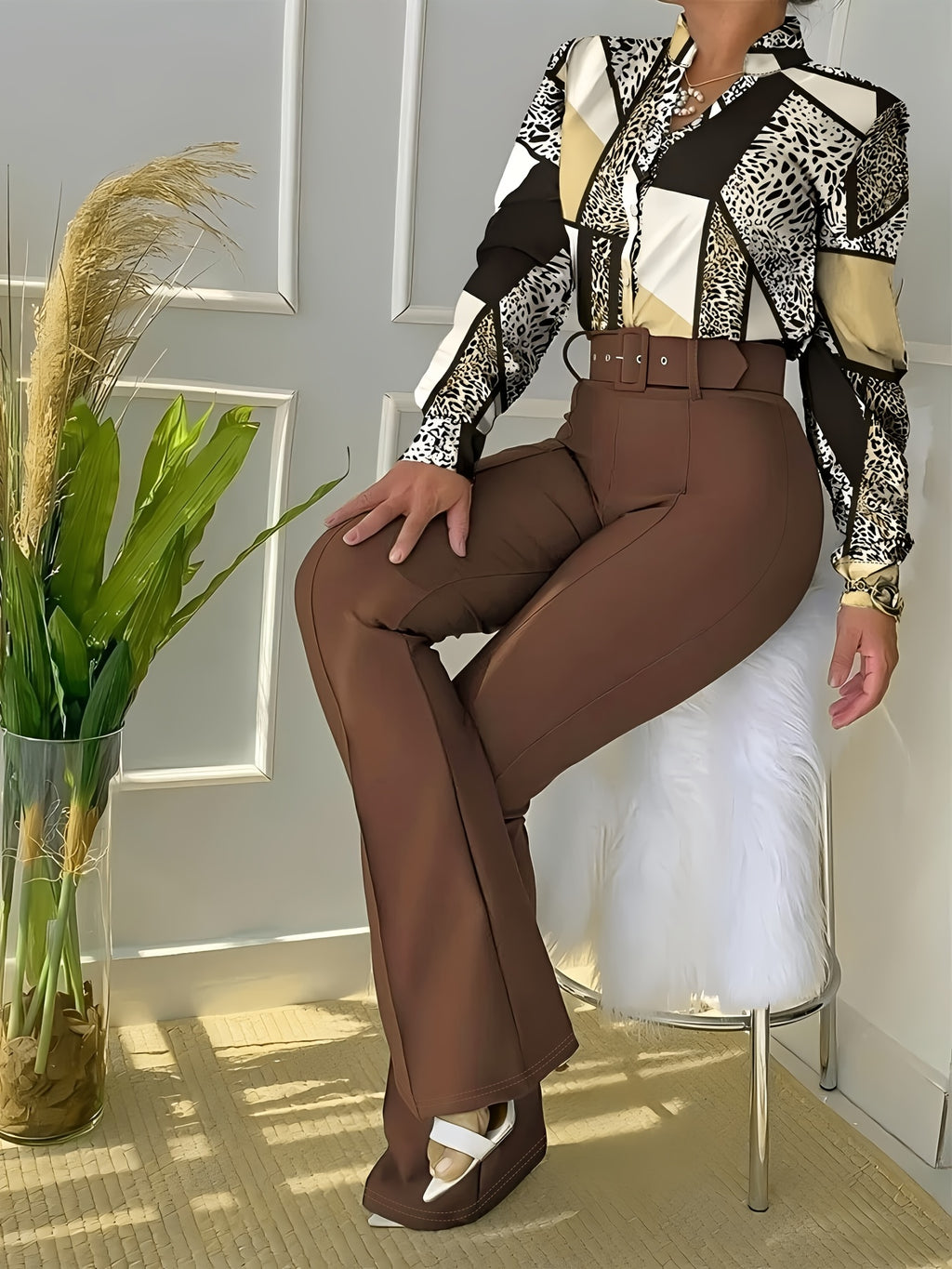 Women'S Casual Floral Print Two-Piece Set - Long Sleeve Blouse with Ruffle Detail, Wide-Leg Pants, and White Heels, All-Season Stylish Outfit, Casual Attire | Floral Print Top | Ruffle Detail Top, Ladies Casual Wear