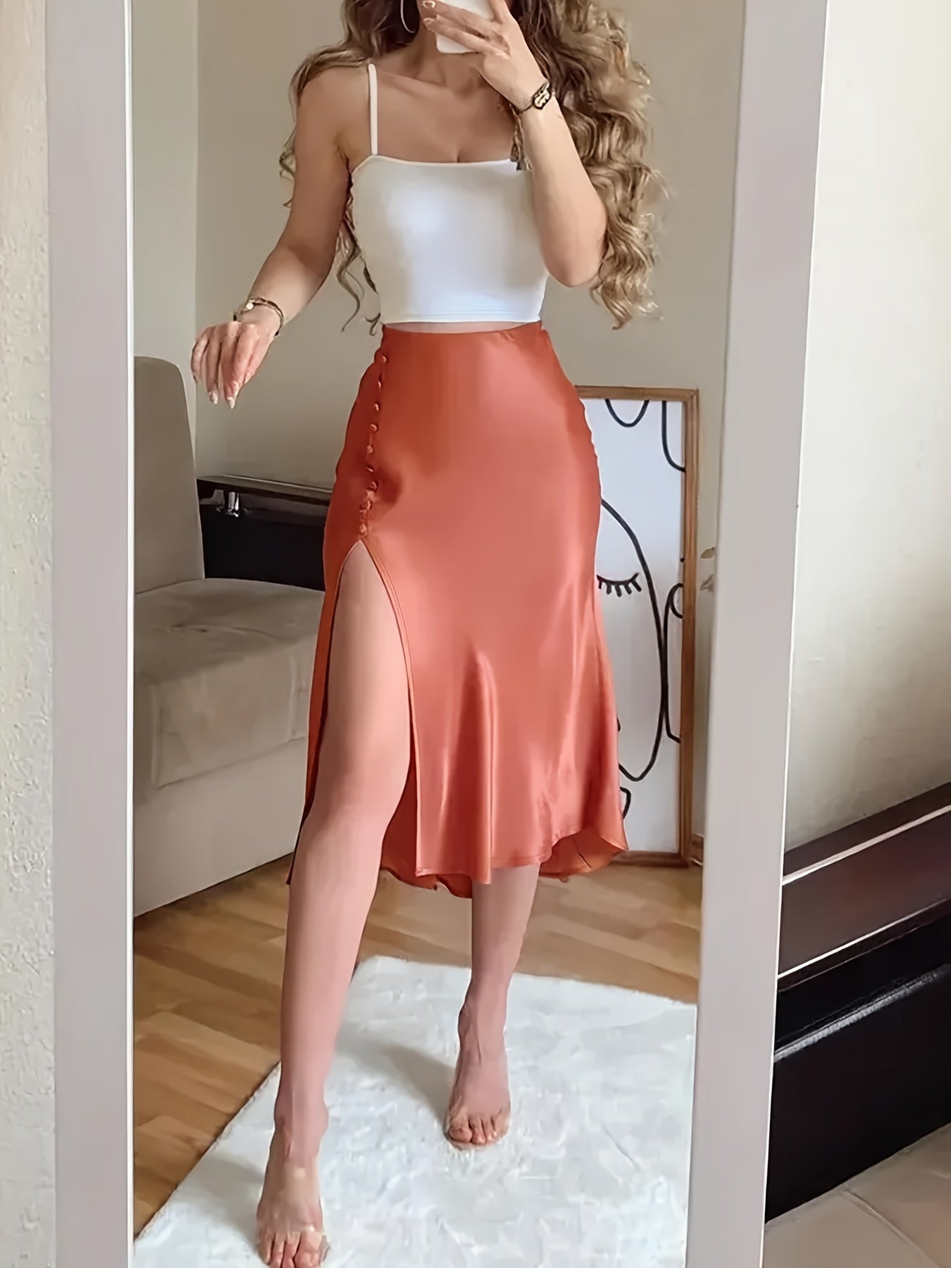 Elegant Solid Color Slim Two-piece Skirt Set - Solid Color Spaghetti Strap Crop Cami Top & Split Thigh Button Zipper Back Skirt Outfits - For Women - Suitable for Parties & Dates - Perfect Gift for Her