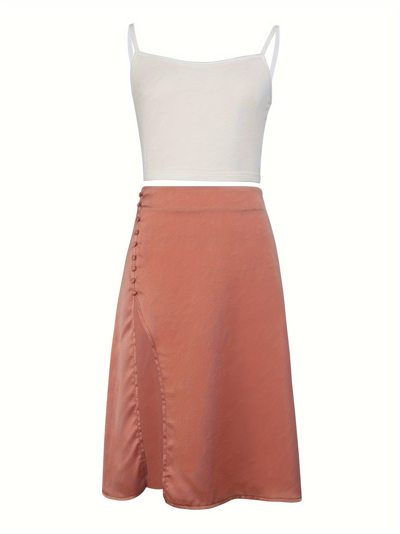 Elegant Solid Color Slim Two-piece Skirt Set - Solid Color Spaghetti Strap Crop Cami Top & Split Thigh Button Zipper Back Skirt Outfits - For Women - Suitable for Parties & Dates - Perfect Gift for Her