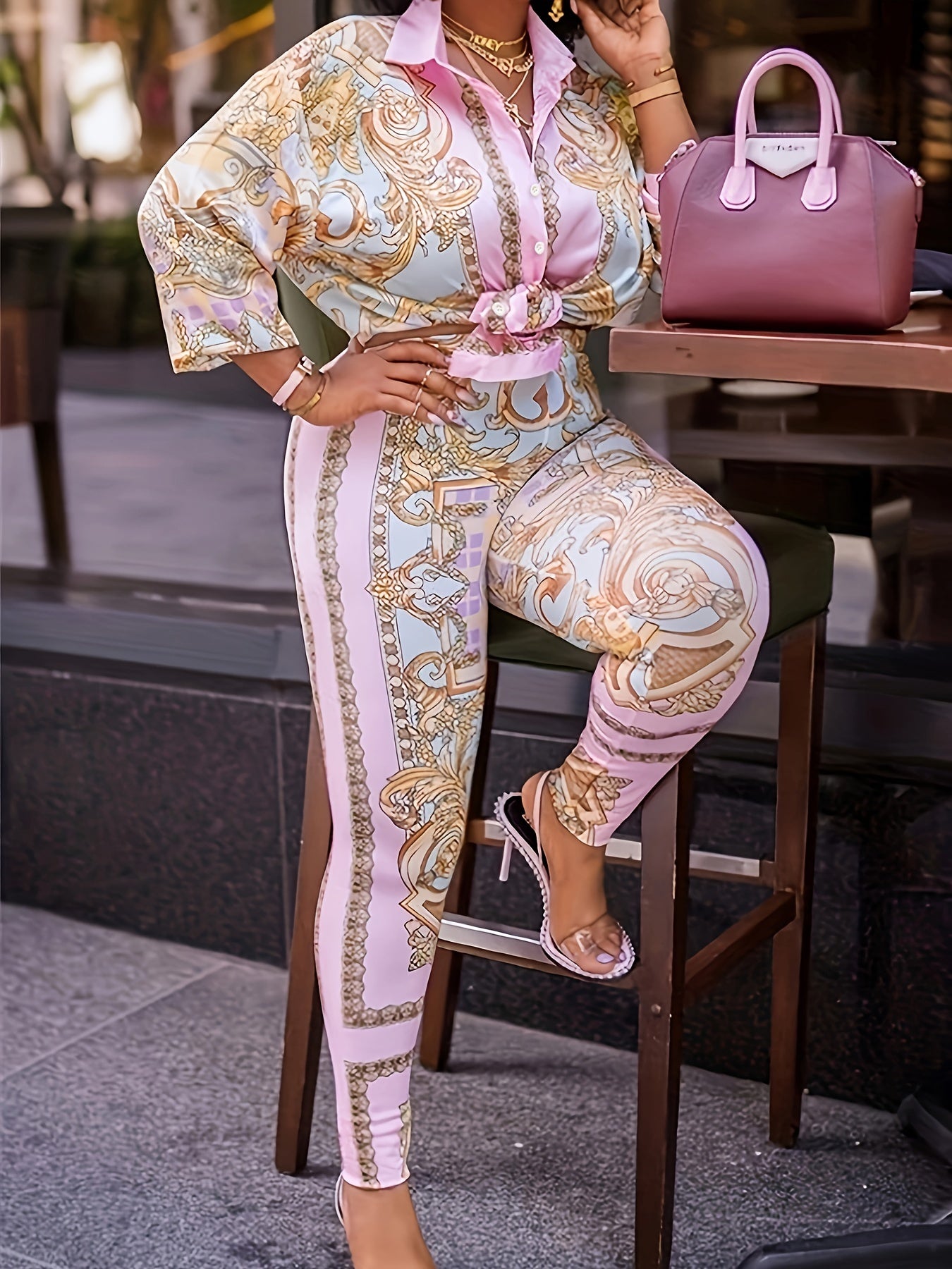[Plus Size British Print] Plus Size British Print | Two-Piece Pencil Long Sleeve Set