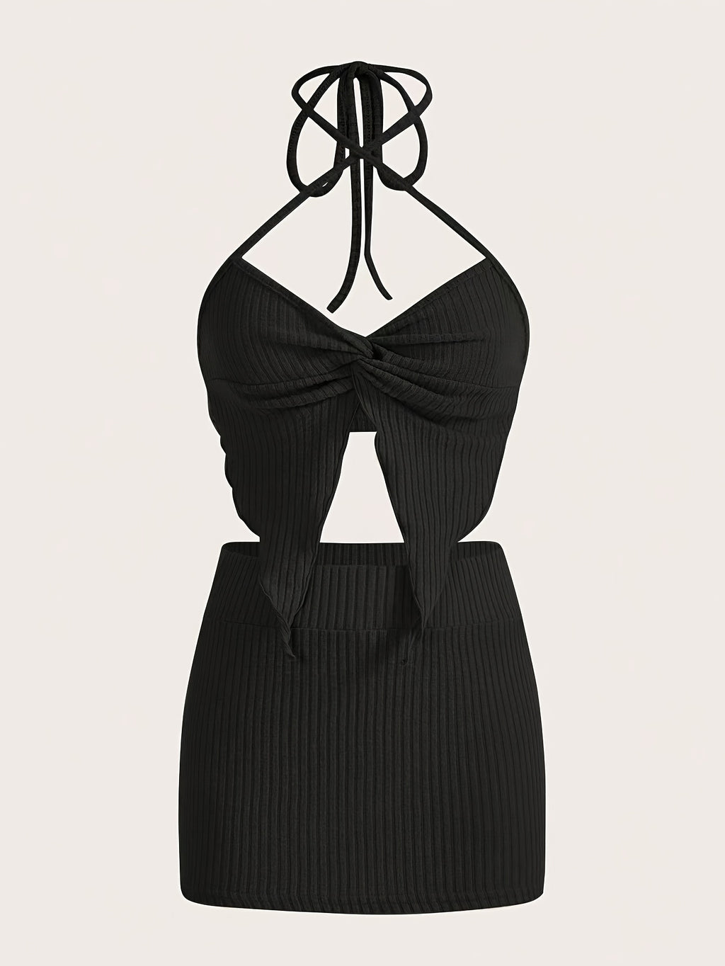 Two-piece Solid Slim Y2K Skirt Set, High Waist Ribbed Skirt & Twist Halter Crop Cami Top Outfits for Women