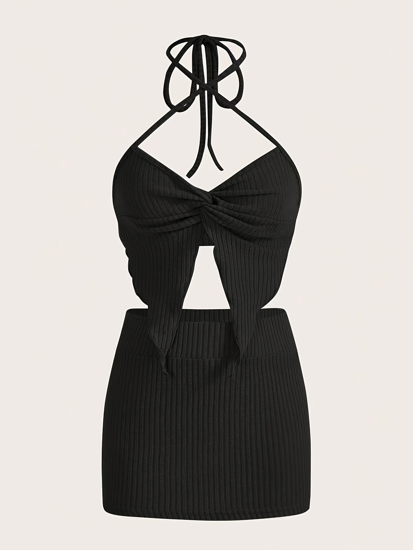 Two-piece Solid Slim Y2K Skirt Set, High Waist Ribbed Skirt & Twist Halter Crop Cami Top Outfits for Women