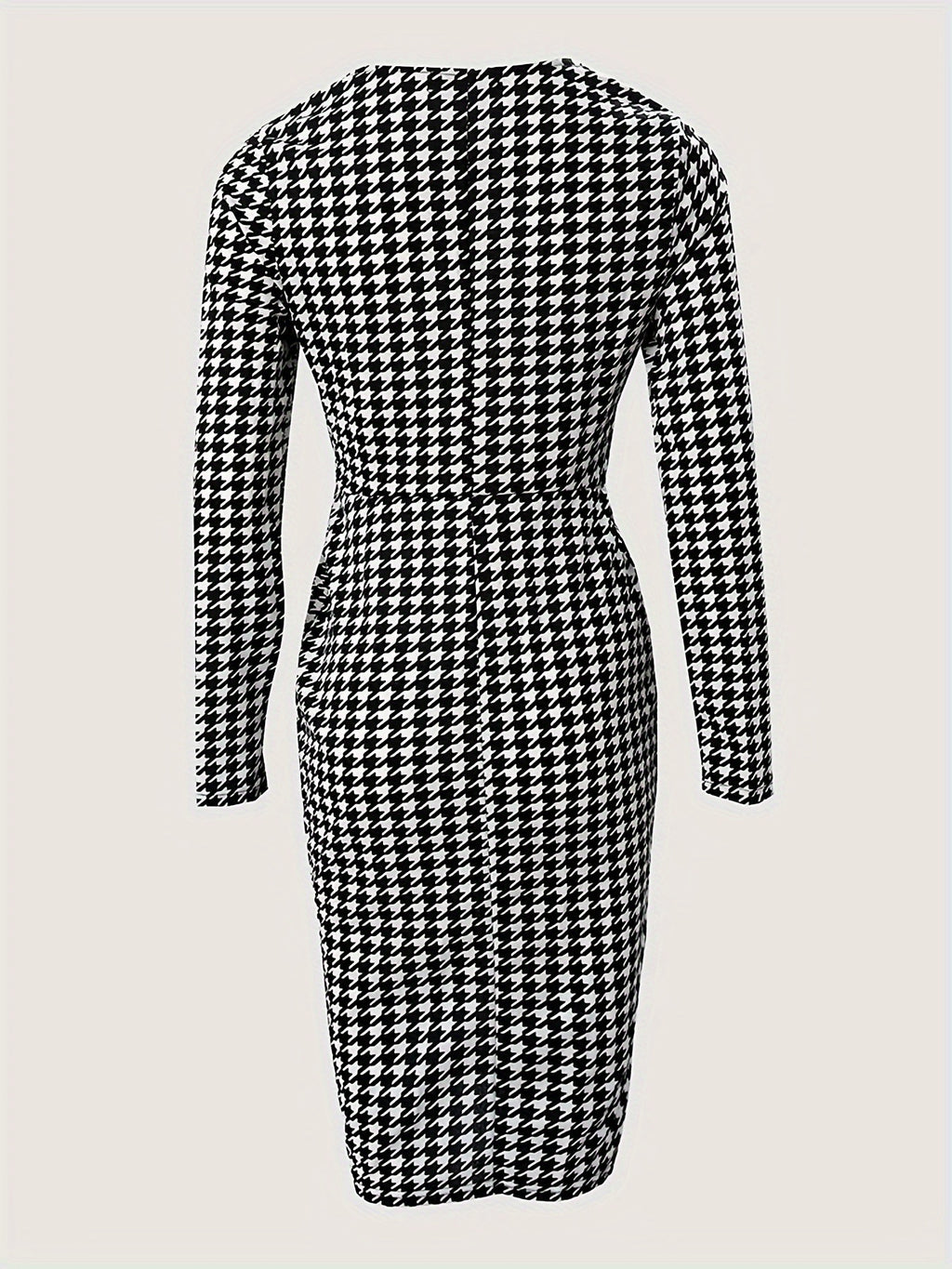 Stunning Plus Size Houndstooth Print Bodycon Dress - Plus Size Dresses - Long Sleeve, V Neck, Elegant, Women's Formal Wear for Special Occasions - High-Quality Fabric, Comfortable Fit, Classic Design