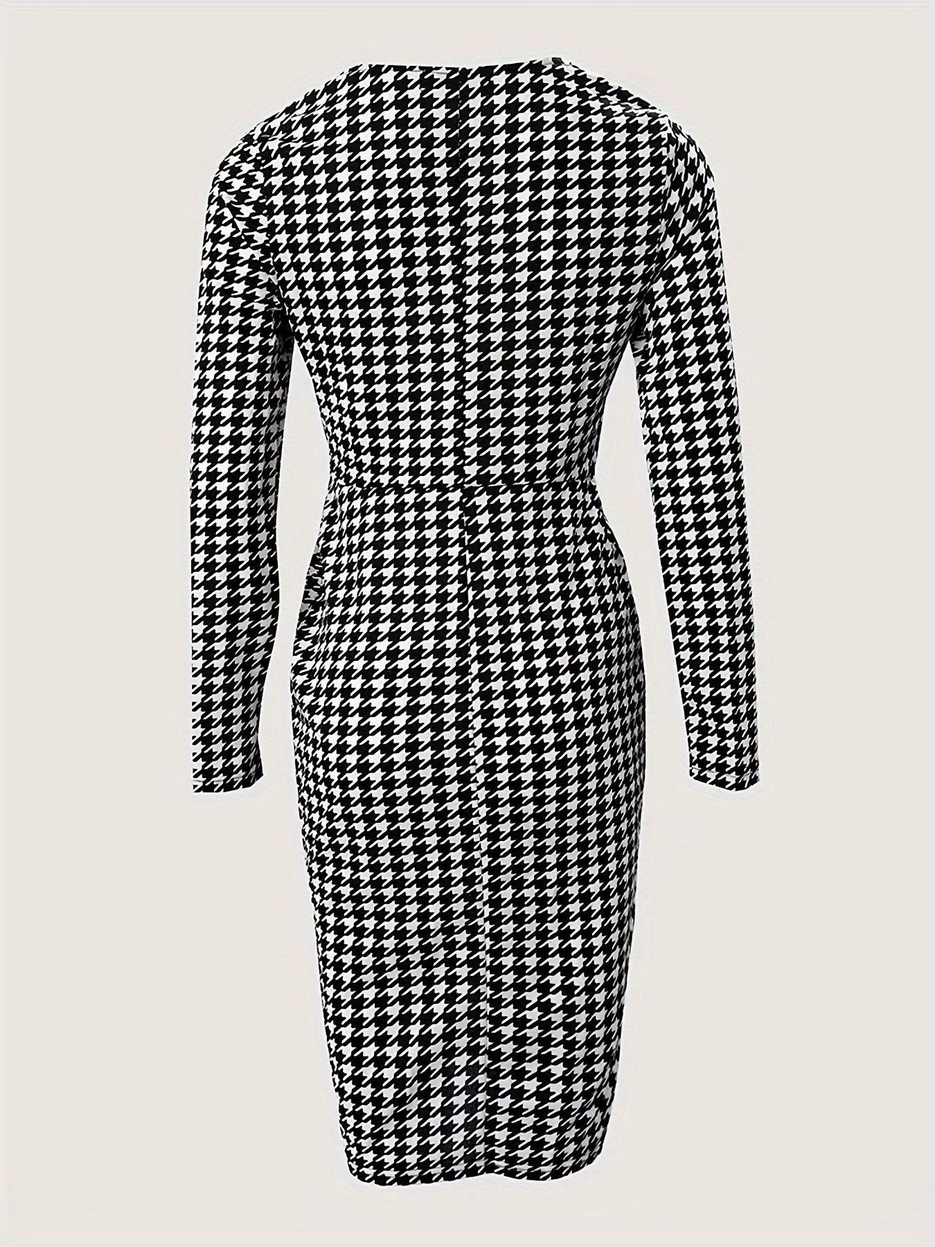 Stunning Plus Size Houndstooth Print Bodycon Dress - Plus Size Dresses - Long Sleeve, V Neck, Elegant, Women's Formal Wear for Special Occasions - High-Quality Fabric, Comfortable Fit, Classic Design