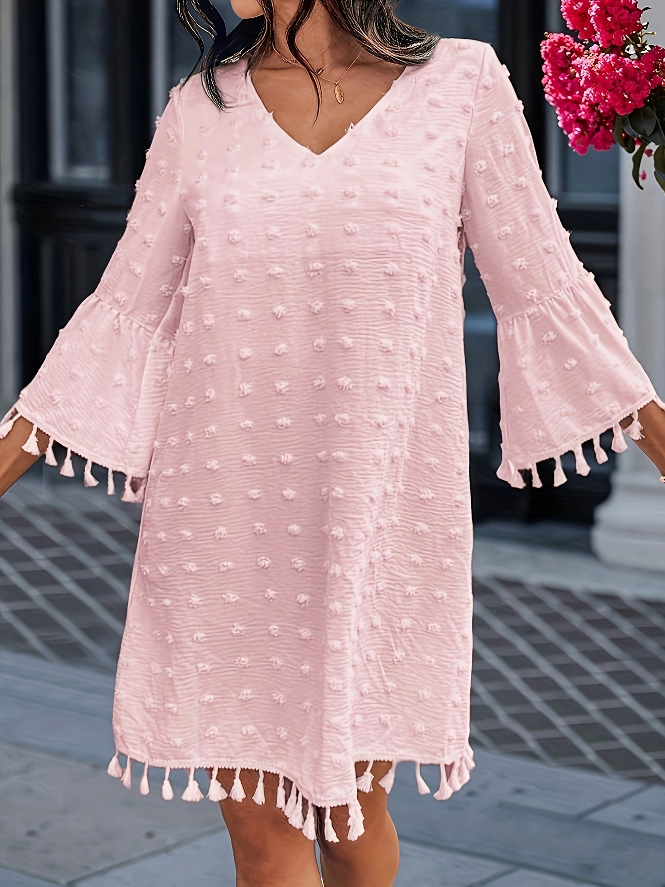 Women's Summer Casual Polka Dot V-Neck Dress with Ruffle Sleeves & Cutout Details - Lightweight Straight Cut Beach Dress for Women, Hand Wash Only, Summer Fashion | Bohemian Style | Frayed Hem Detailing, Summer Dresses