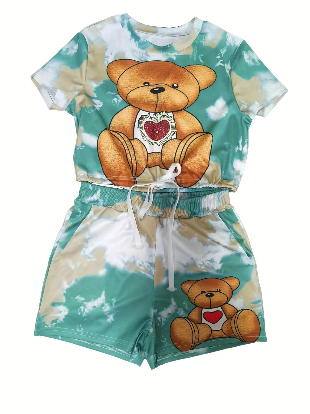 Cartoon Bear Print Two-piece Set, Drawstring Short Sleeve Tee & Elastic Waist Shorts Outfits, Women's Clothing