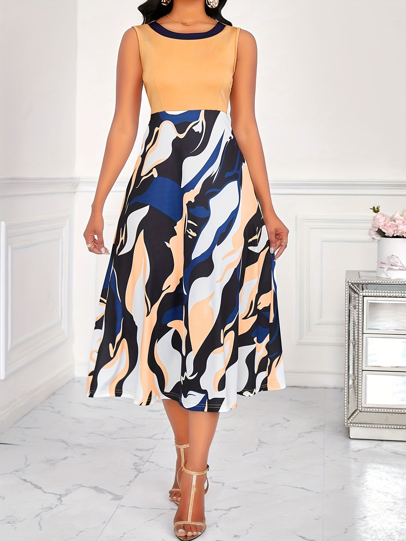 Three-quarter Sleeve Open Front Top & Sleeveless A-line Tank Dress Set, Chic Abstract Print, Elegant Crew Neck Outfits for Women, Perfect for Casual to Dressy Occasions