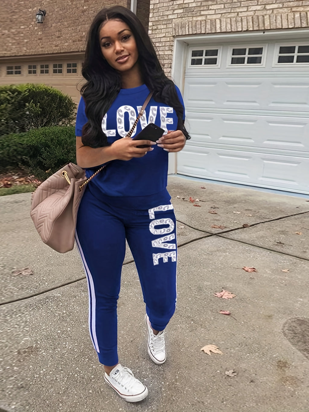 Casual Letter Print Two-piece Set, Short Sleeve T-shirt & Side Striped Pants Outfits - Women's Clothing -  Stylish & Comfortable - For Casual Wear - Perfect Gift for Fashionable Women