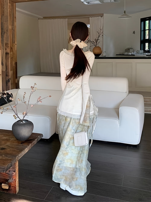 1pc Halter Dress + Cardigan - Women's Large Size Halter Dress Long Skirt Set Premium Sense Spring And Autumn New Chilled Wind Printed Women's Dresses, Ruffles Splicing Lace Sleeve Design, Super Suitable for Party Use, Gift fo