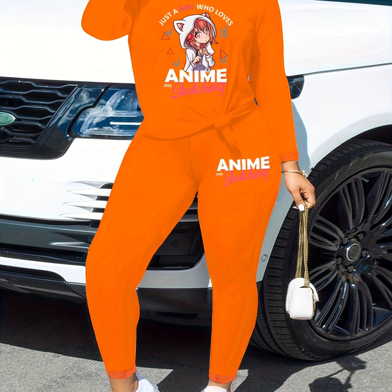 Two-Piece Anime Graphic Print Outfit - Crew Neck Long Sleeve Top and Slim Fit Pants Set for Women - Polyester Knit Fabric, Mid Elasticity, Positioning Printing, Cute Style, Fall/Winter Season