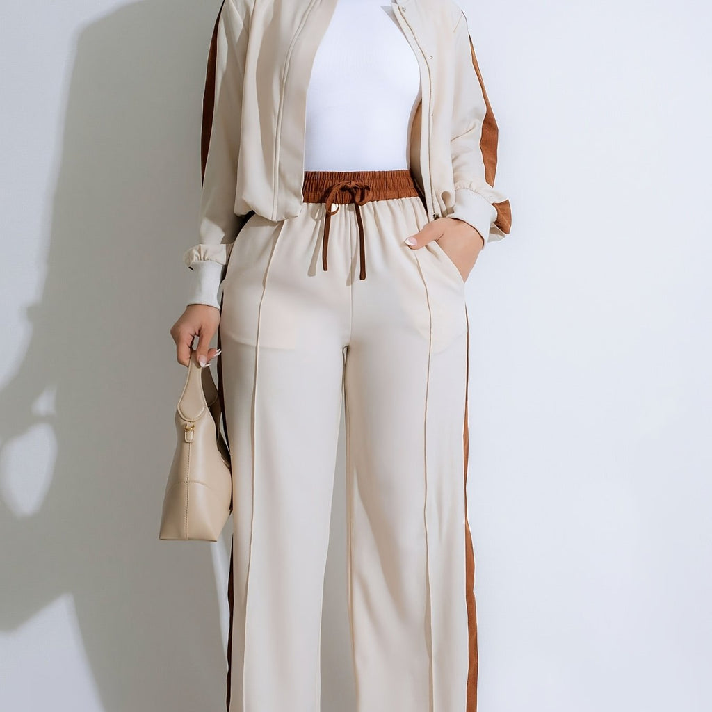 Women's Casual Two-Piece Set Zip-up Bomber Jacket & High-Waist Jogger Pants with Side Stripes, Trendy And Comfortable, Tracksuits Sets For Ladies, Track Suits Women Two Piece, Track Suits Sets For Women, Sweat Suits Women Two