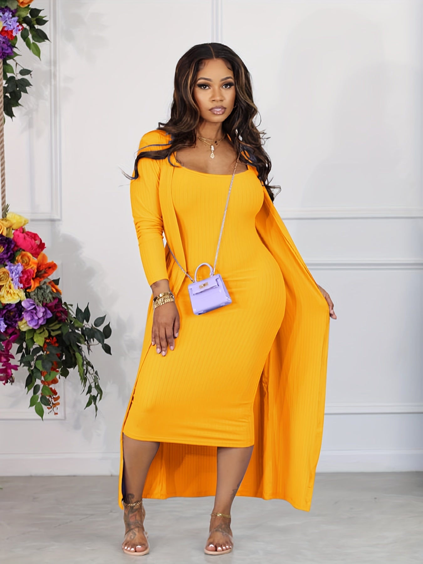 Two-piece Long Sleeve Casual Solid Ribbed Set: Cardigan & Bodycon Cami Dress Outfits for Women