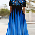 Plus Size Women's Casual Maxi Dress with Pockets - Short Sleeve, Round Neck, Floral & Ombre Print, Stretchy Polyester Blend, Machine Washable, Plus Size Dresses