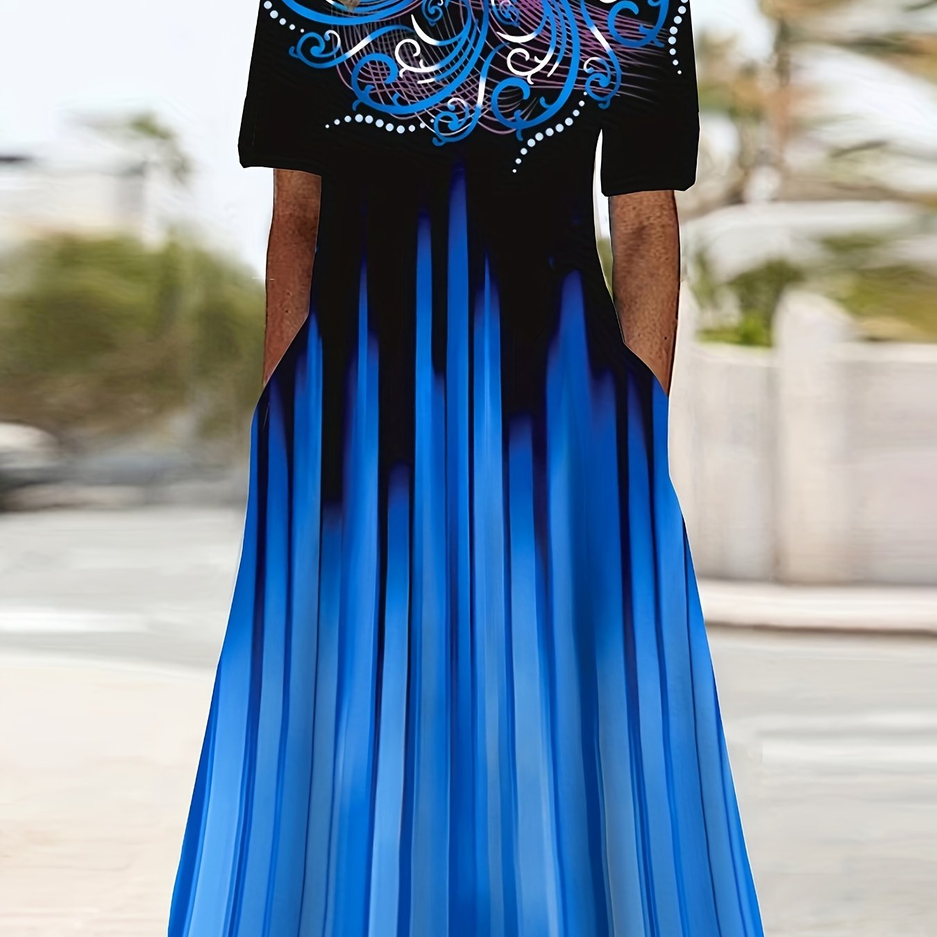 Plus Size Women's Casual Maxi Dress with Pockets - Short Sleeve, Round Neck, Floral & Ombre Print, Stretchy Polyester Blend, Machine Washable, Plus Size Dresses
