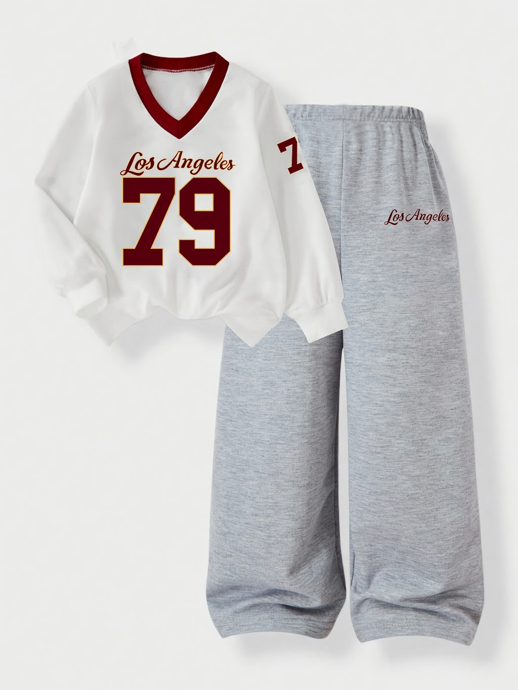 Women'S Los Angeles 79 Letter & Number Print Top and Pants Set | V-Neck Color Block Long Sleeve Top with Wide Leg Casual Pants | All-Season Fashion Outfit, Medium Stretch Fabric, Off the Shoulder Style, Casual Wear|Vneck Top|
