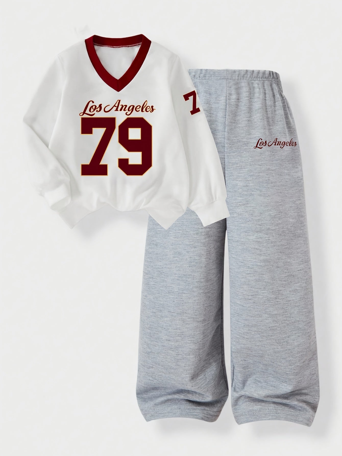 Women'S Los Angeles 79 Letter & Number Print Top and Pants Set | V-Neck Color Block Long Sleeve Top with Wide Leg Casual Pants | All-Season Fashion Outfit, Medium Stretch Fabric, Off the Shoulder Style, Casual Wear|Vneck Top|