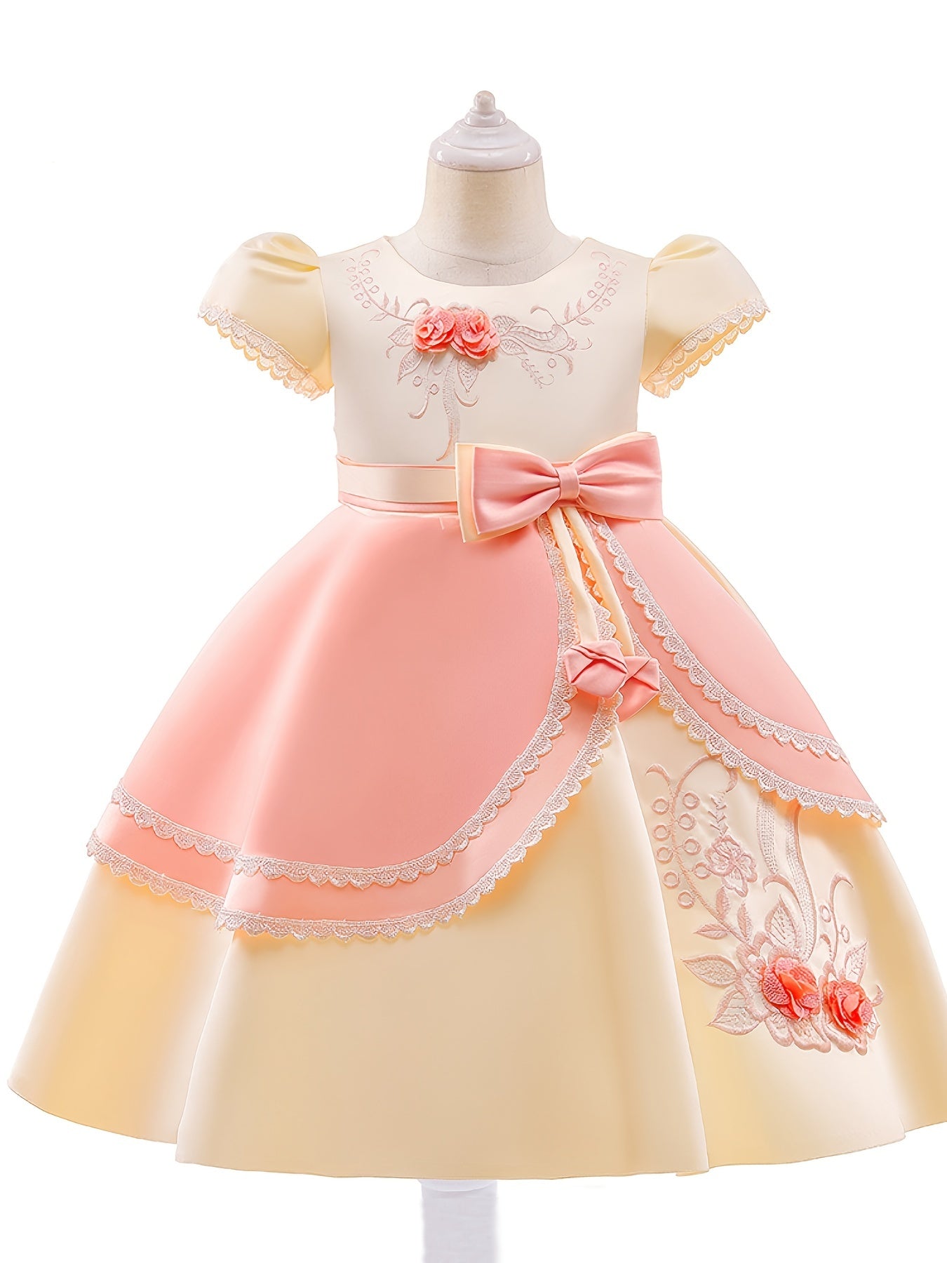 Girls Princess Dress Short Sleeve Embroidered Flower Bow Lace Dress Performance Dress Wedding Flower Girls For Evening Birthday Party Kids Clothes