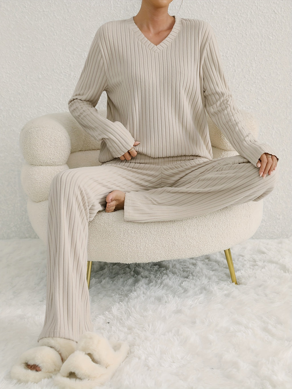 Two-piece Long Sleeve Casual Ribbed Knit Set, V Neck Top & Loose Pants Outfits for Women