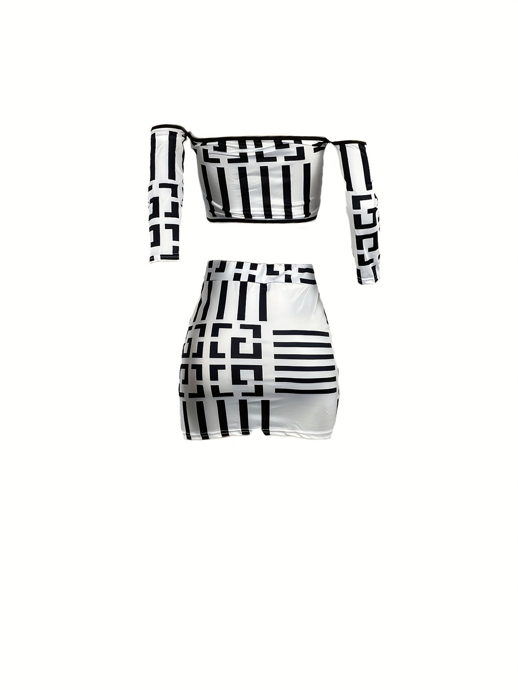 Sexy Geo Print Two-piece Skirt Set, Off Shoulder Crop Top & Drawstring Skirt Outfits, Women's Clothing