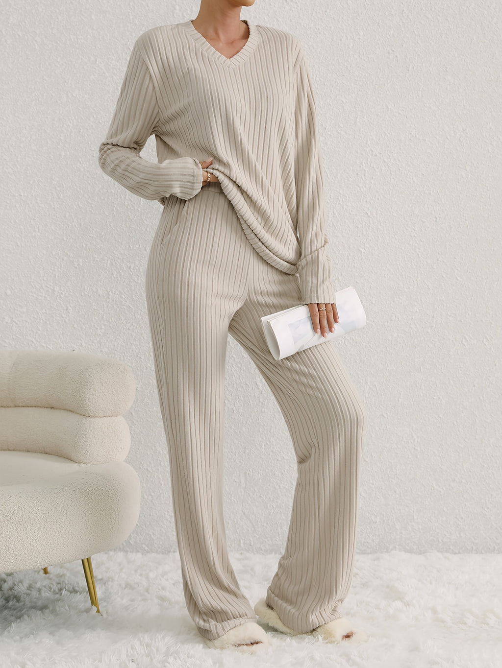 Two-piece Long Sleeve Casual Ribbed Knit Set, V Neck Top & Loose Pants Outfits for Women