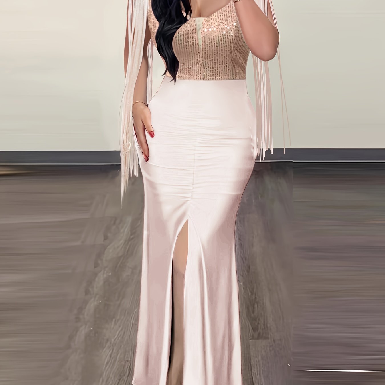 Stunning Solid Tassel Trim Bodycon Dress - Women's Party Dresses with Elegant Cut Out Back Split Thigh Design, Figure-Hugging Silhouette, and Chic Accessories for a Glamorous Night Out