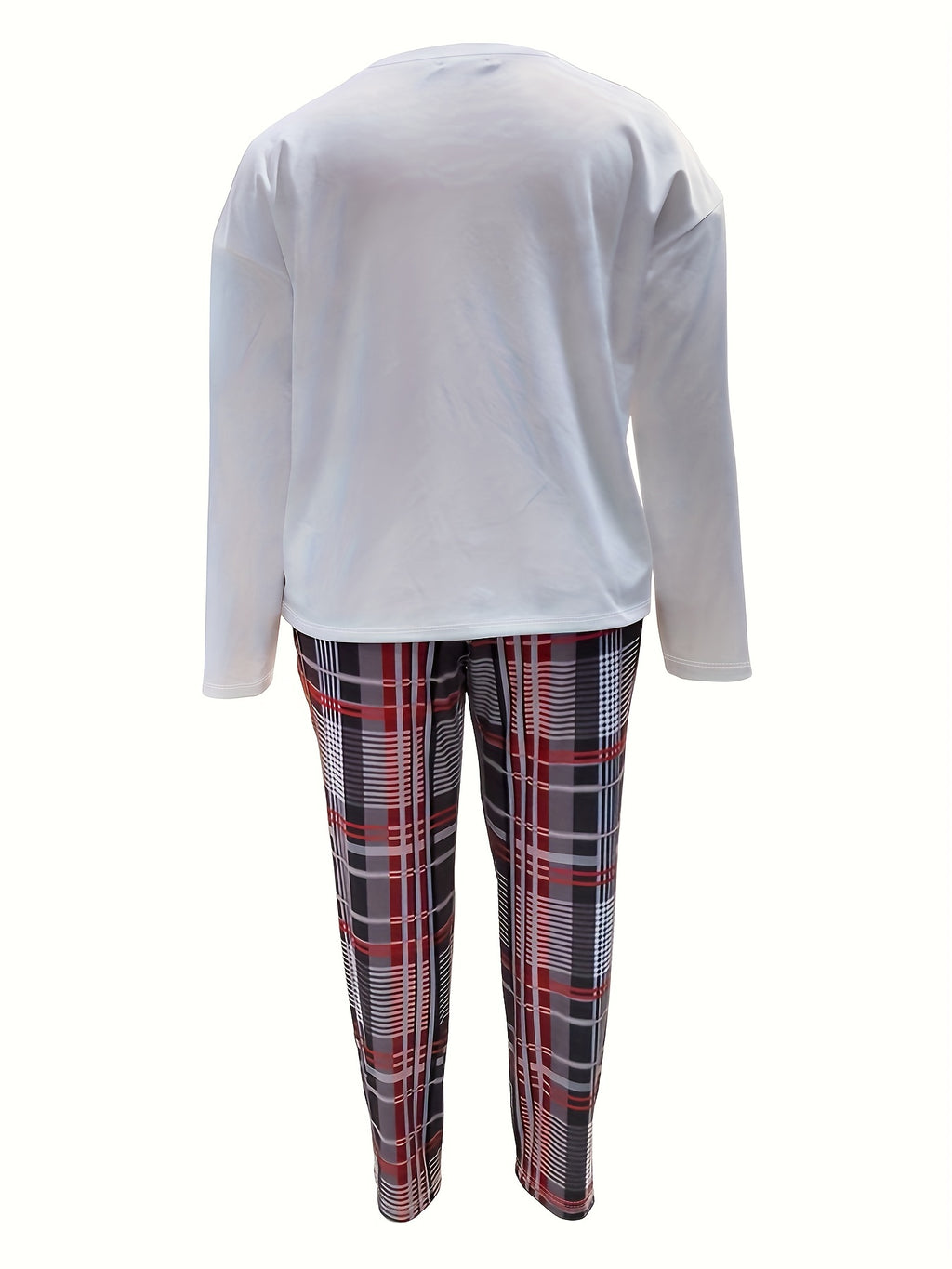 Plus Size Casual Outfits Set, Women's Plus Plaid Print Long Sleeve Round Neck Top & Pocketed Pants Outfits Two Piece Set
