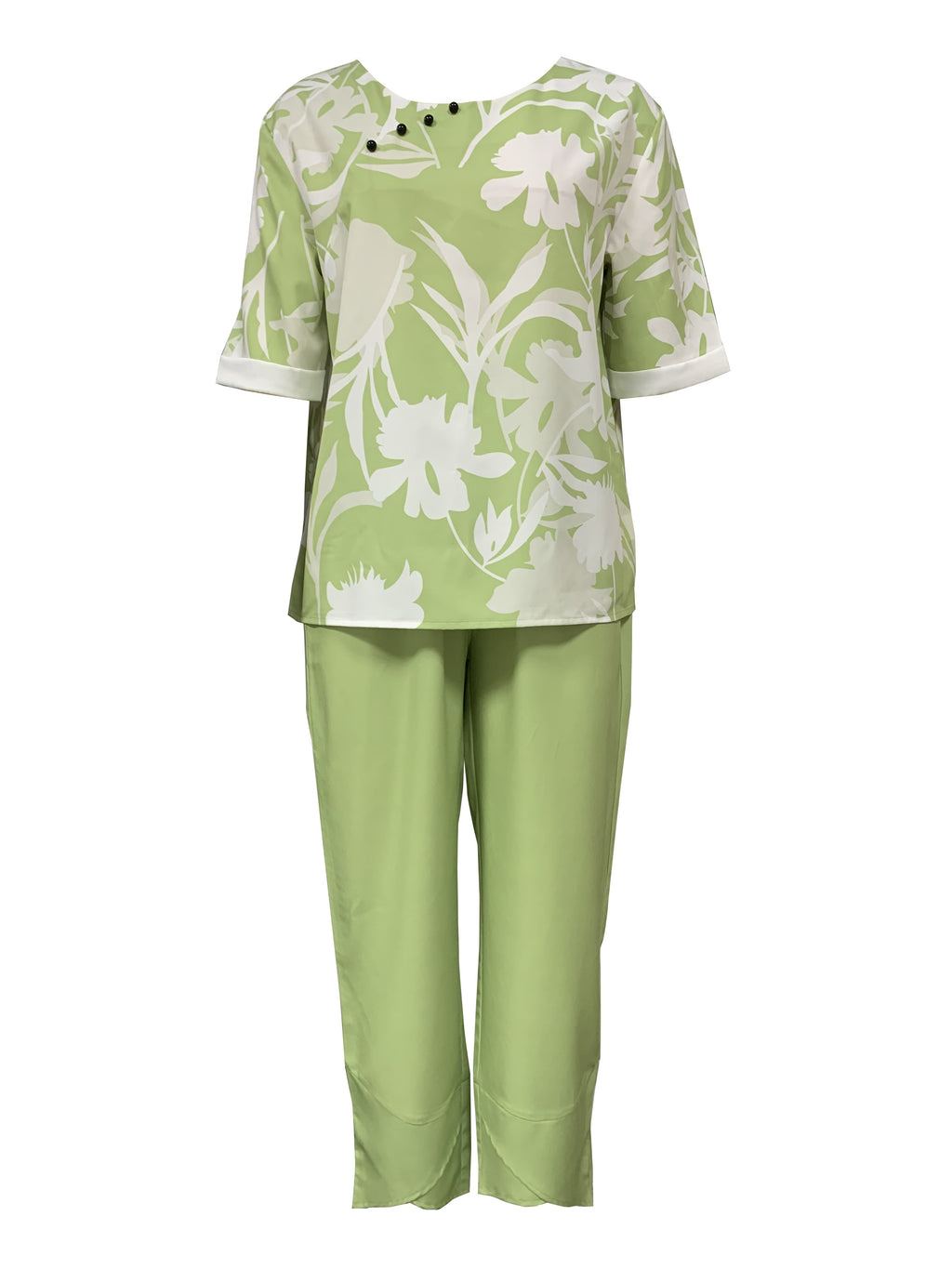 two-piece Women's Plant Print Top and Elastic Waist Pants Outfit - Comfortable and Stylish