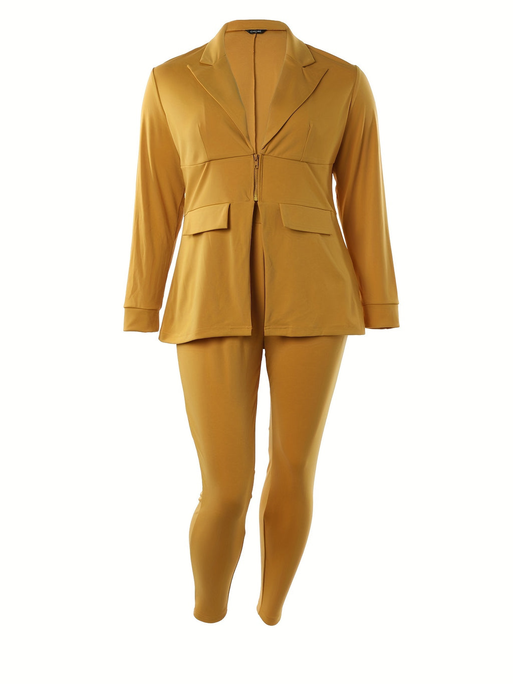 Chic Plus-Size Two-Piece Blazer & Pants Suit – Long Sleeve, Zippered Front, Ideal for Work and Special Occasions