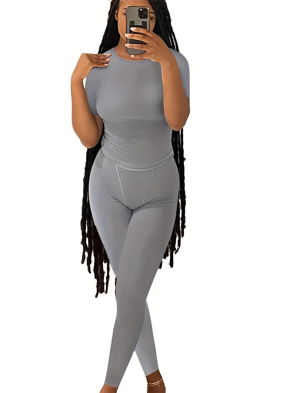 Casual Solid Two-piece Set, Crew Neck Short Sleeve Top & Skinny Pants Outfits, Women's Clothing