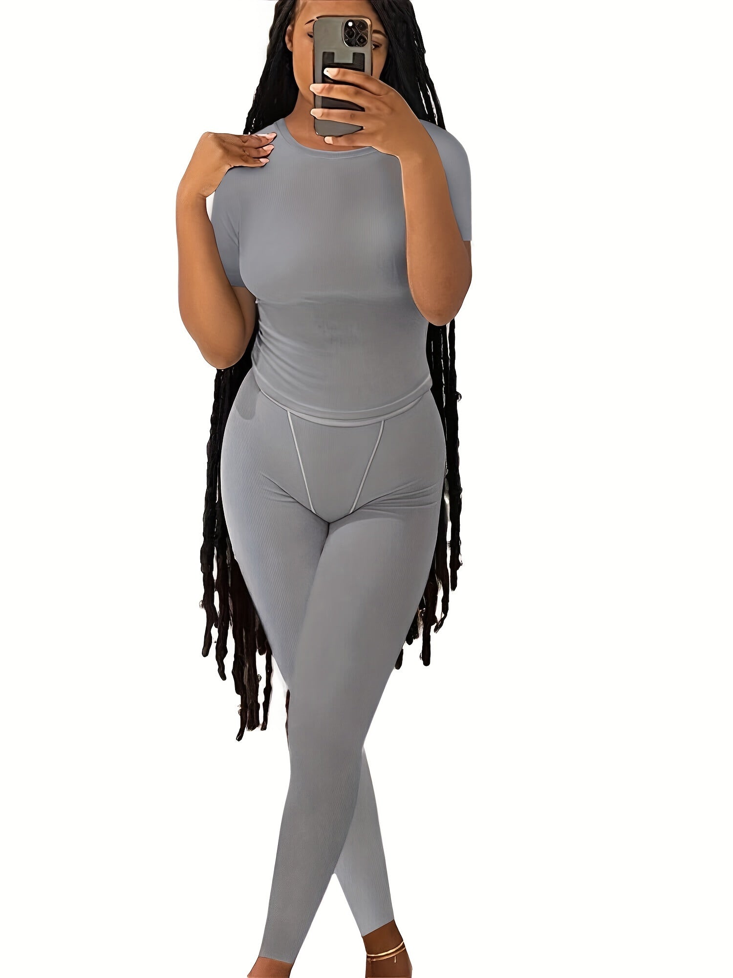 Casual Solid Two-piece Set, Crew Neck Short Sleeve Top & Skinny Pants Outfits, Women's Clothing