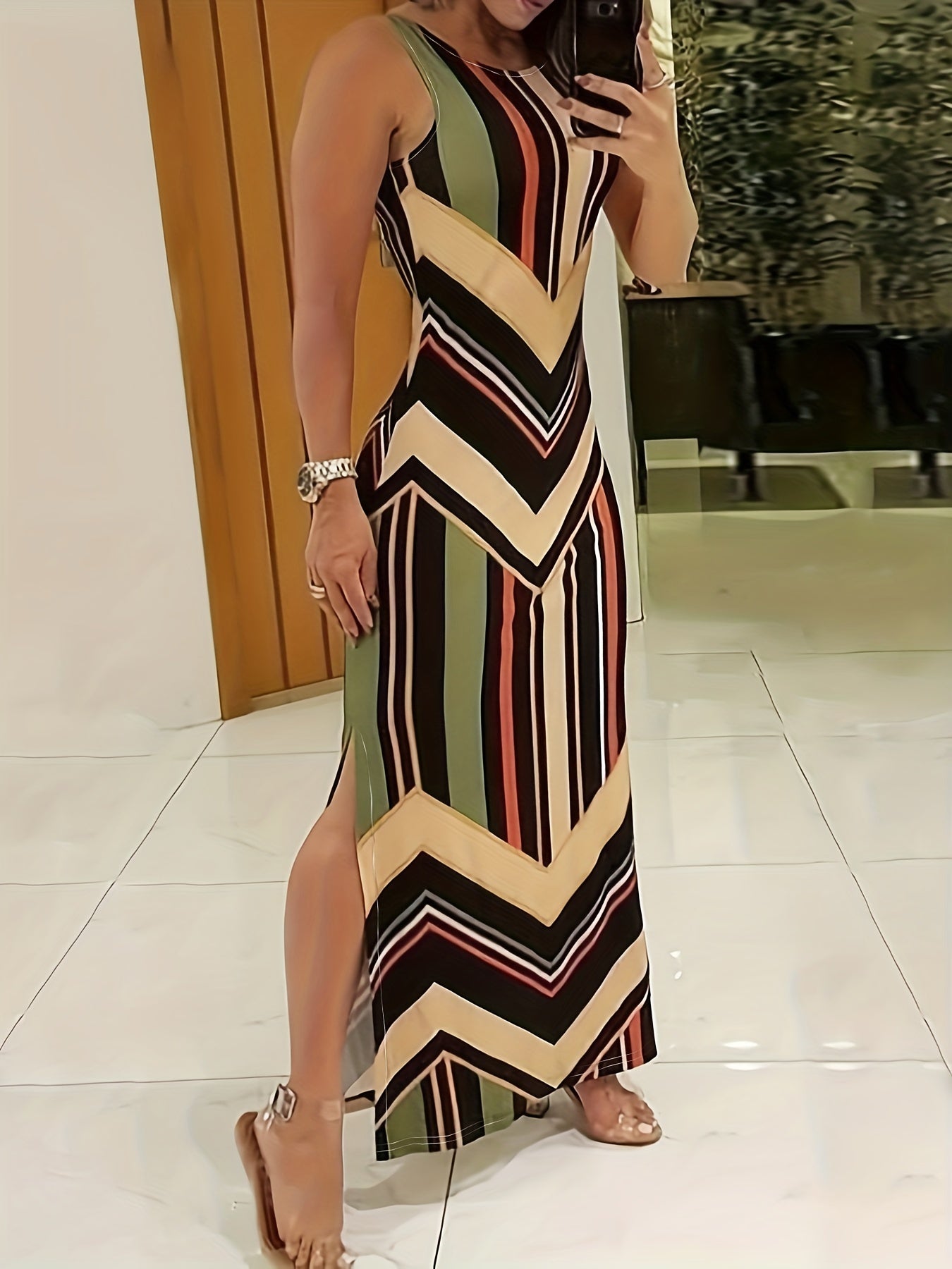 Women's Elegant Sleeveless Maxi Dress, Flattering Fit, Formal & Casual Chic Outfit, All-Season Formal Party Wedding Everyday Dresses for Women, Geometric Pattern, Spring/Fall/Summer, Dresses for Wedding, Spring Fashion, Styli