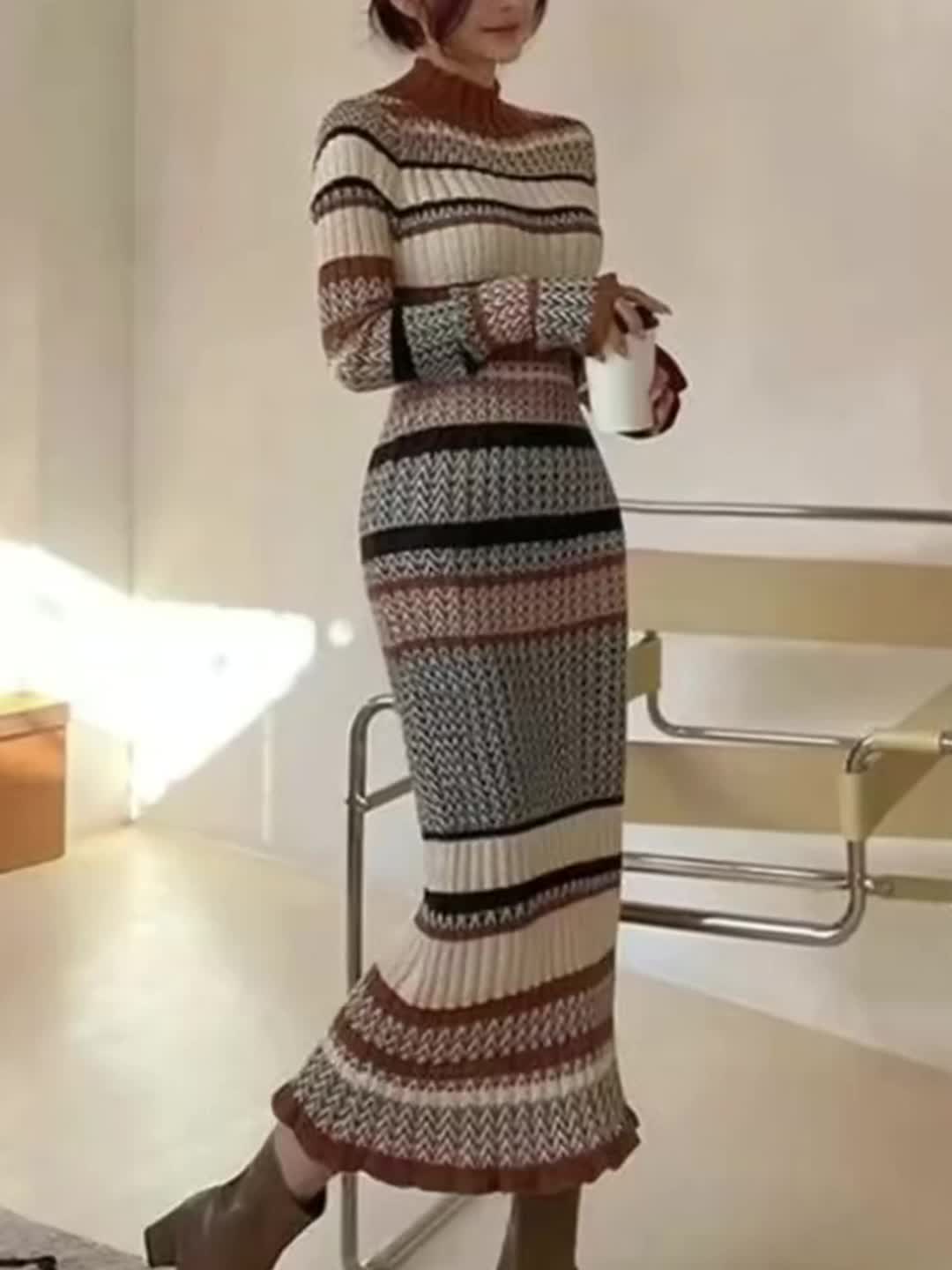 Women's Elegant High-Neck Long Sleeve Slim-Fit Dress - Soft Geometric Striped (Brown/Beige/Black/White) A-Line Winter Dress with Long Sleeves, Tailored Fall Winter Outfits for Casual to Formal Events, Hand Washable, Winter Dr