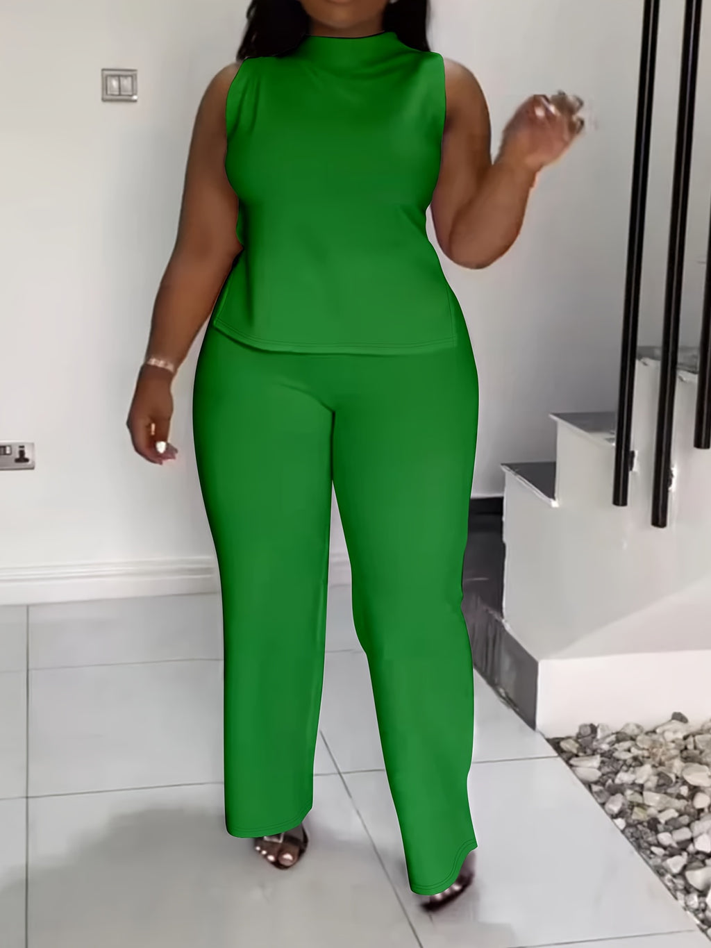 Plus Size Elegant Lash Sets - High Neck, Split Sleeveless Top & Slit Hem Pants, Medium Stretch Polyester, Machine Washable, Solid Color, No Printing - Summer Outfits for Women